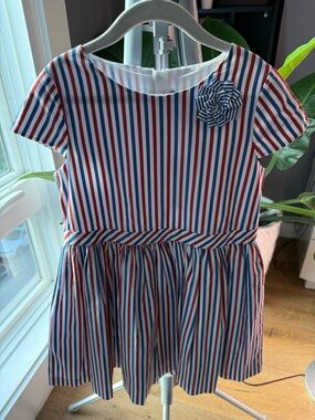 Jacadi Red White Blue Striped Dress with Bow Detail